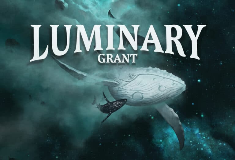 A cosmic scene unfolds featuring a majestic whale and smaller fish gliding through a starry space, reminiscent of an enchanting tabletop gaming adventure. The word "Luminary" shines above with "Grant" beneath it, both in bold white letters, echoing the magic of HitPoint Press.