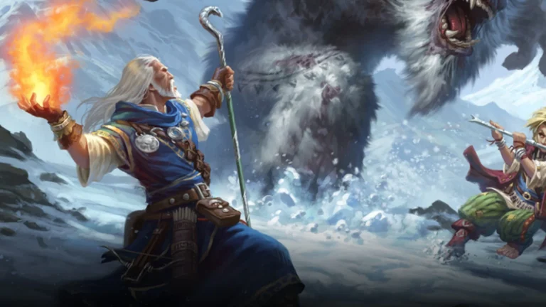 In a snowy landscape, a bearded wizard from the Wizard Class in blue robes wields a staff and conjures fire with his hand. He faces a large, roaring creature as if glimpsing into the future, while a warrior with sword stands ready to attack.