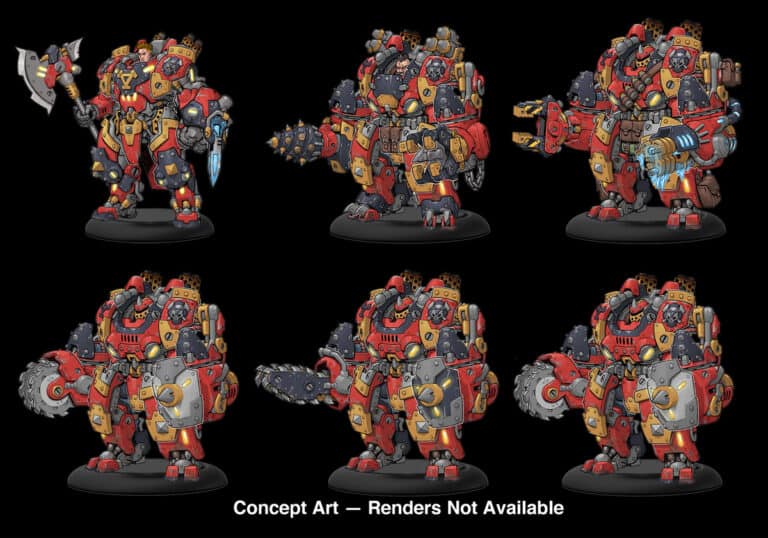 Illustration of six heavily armored robotic characters from the new faction, boasting an array of weapons like axes and chainsaws. Drenched in red and gold with intricate mechanical details against a black background, they scream WARMACHINE MKIV. Text below reads "Concept Art — Renders Not Available.
