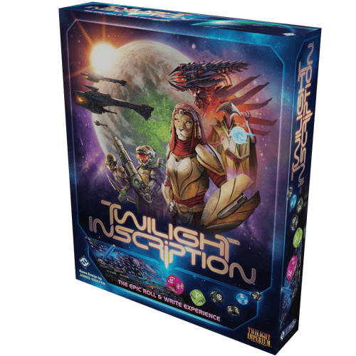 The image showcases the box of "Twilight Inscription," a board game by Fantasy Flight Games with a sci-fi theme. The artwork includes an alien character, spaceships, and planets in vibrant cosmic colors, promising "The Epic Roll & Write Experience" with captivating multiplayer rules.
