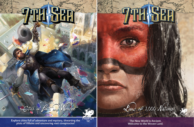 Left cover: A person in a blue cape battles fiercely on a rooftop, the sprawling cityscape backdrop hints at "Cities of Faith and Wonder". Right cover: A striking close-up features red face paint, emblazoned with "7th Sea RPG", inviting you into the "Land of 1,000 Nations".