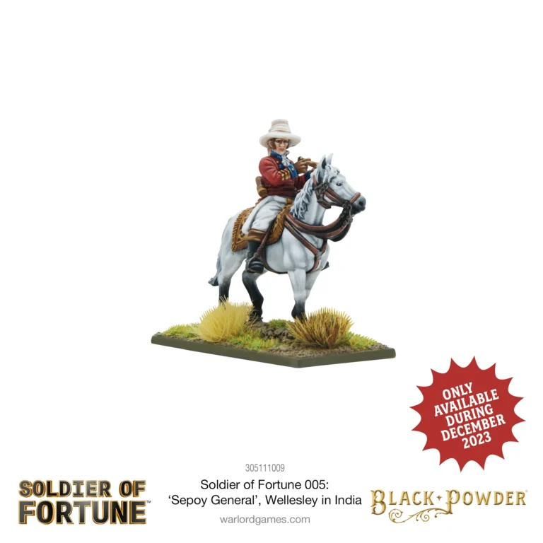 This Wellesley Miniature features a military officer on a gray horse, adorned in a red coat and white hat. The base is decorated with grass for added realism. A "Soldier of Fortune" exclusive, part of the "Black Powder" collection by Warlord Games. Available only in December 2023.
