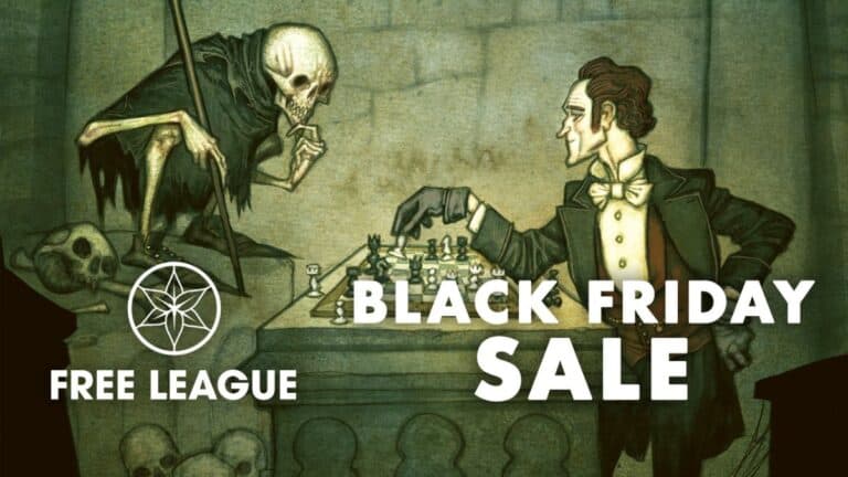 An illustrated scene of a skeleton and a man in formal attire playing chess in a dimly lit room filled with skulls. Discover this eerie tableau at Free League Publishing's Black Friday Sale, highlighted on their newly revamped website.