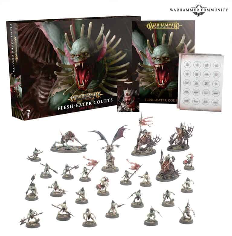 This Games Workshop box set of Warhammer miniatures spotlights the Flesh-Eater Courts with new releases. The image reveals detailed figures like ghouls, a dragon, and other creatures. The cover showcases artwork of a monstrous beast with sharp teeth and horns, emblematic of its expansive franchises.