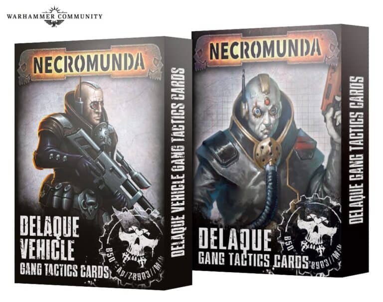 Two boxes of Necromunda cards, one for Delaque Vehicle Gang Tactics and the other for Delaque Gang Tactics, showcase House Delaque's elusive prowess. Each box features futuristic character artwork, marked by the Warhammer Community logo at the top left, a hallmark of Forge World's craftsmanship.