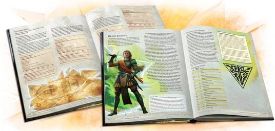 Open books displaying colorful illustrations and text. One page showcases a character from Imaria in medieval-style clothing wielding a weapon. Other pages contain fantasy-themed text and charts, all part of the enchanting Kickstarter project, Pillars of Power.