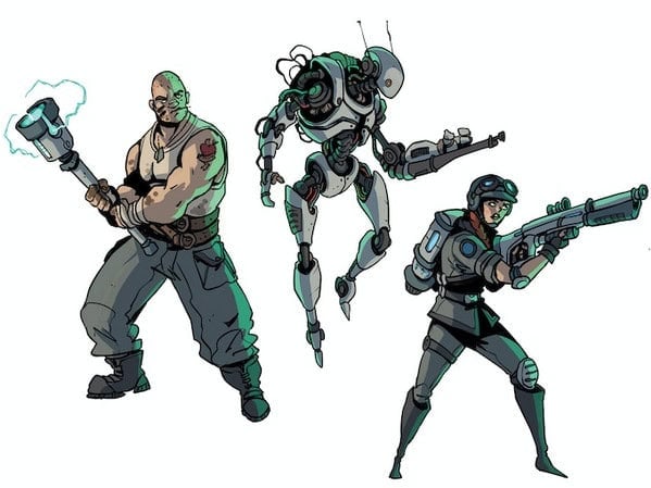 A bald, muscular man with a tattoo wields a hammer beside a futuristic robot poised for action. A woman in tactical gear, wearing goggles, aims her weapon with precision. This dangerous space crew looks ready to launch into their next mission in this Kickstarter solo tactical game.