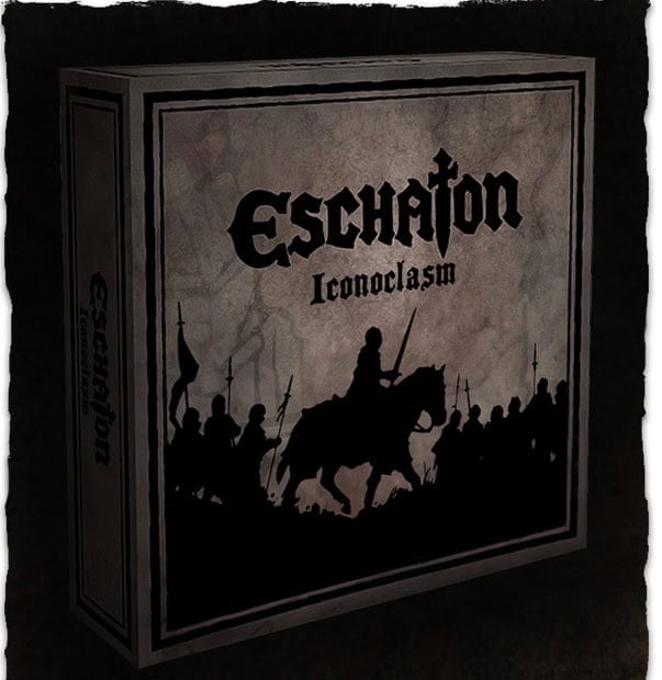 Box cover for the game "Eschaton: Iconoclasm" showcasing a silhouette of a mounted figure rallying armed followers against a moody backdrop. The title, highlighted in bold Gothic font, hints at the riveting journey that awaits backers on Kickstarter.
