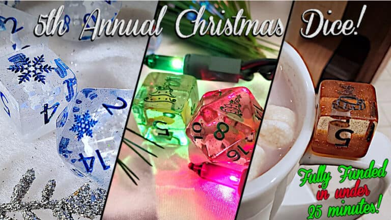 A festive collage showcasing three sets of Christmas-themed dice from Gate Keeper Games. The left features icy blue dice with snowflakes, the center has green and red dice on a lit background, and the right displays a warm beverage with brown Holidice. Text reads "5th Annual Christmas Dice!" Perfect for your next Kickstarter.