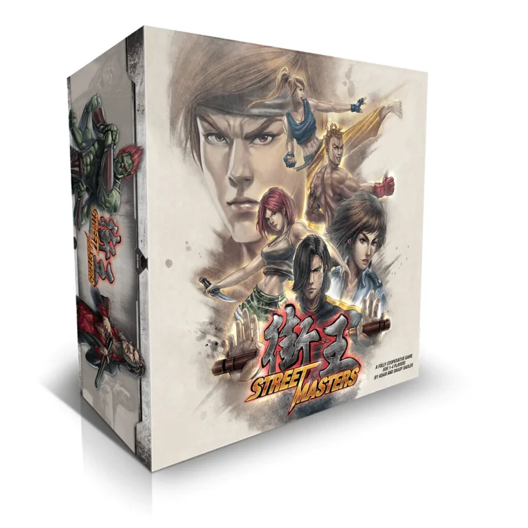 Box art for the "Street Masters" board game by Steamforged Games features illustrated characters in martial arts poses, set within dynamic action scenes and bold title lettering. The design emphasizes a gritty, action-packed theme reminiscent of its successful Indiegogo Campaign.