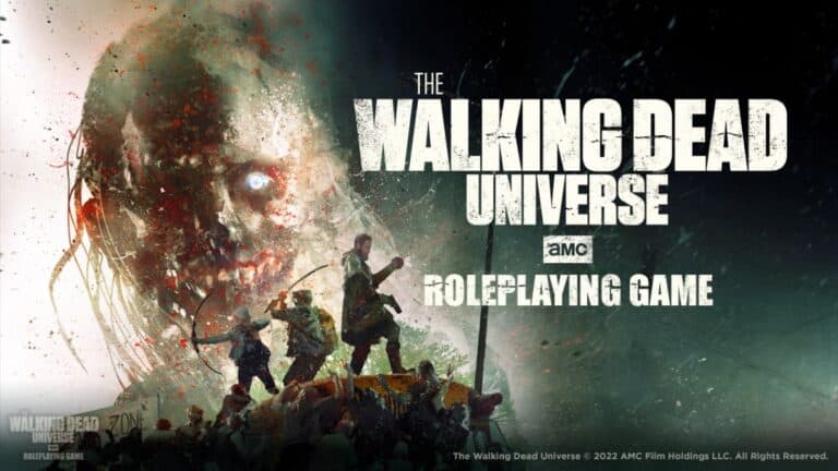 A large zombie face looms in the background, with a group of survivors armed with weapons in front. Text reads "The Walking Dead Universe: Roleplaying Game" by Free League Publishing. The scene is gritty with a post-apocalyptic atmosphere, capturing the essence of this thrilling RPG.