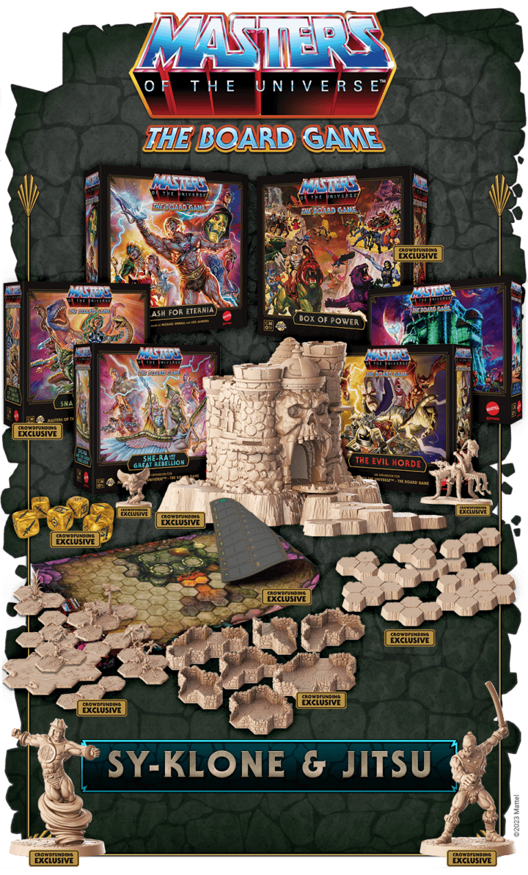 A display of "Clash for Eternia: The Board Game" featuring various boxed expansions, figurines, and game tiles. Central focus is a 3D castle model, surrounded by hexagonal tiles and character figures, labeled with exclusive content from the global crowdfunding campaign.