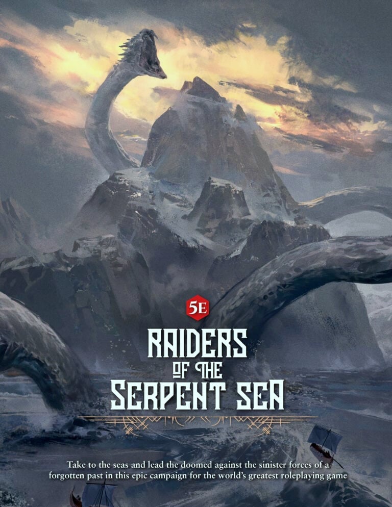 A colossal sea serpent emerges from turbulent waters around a jagged mountain. The sky is overcast with ominous clouds. Text reads "Raiders of the Serpent Sea," heralding an exciting new game launch from Modiphius Entertainment, set to thrill roleplaying enthusiasts.