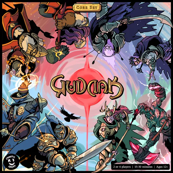 Illustrated cover of the tactical expandable card game "Gudlak" featuring four characters in dynamic poses with various weapons and magical elements swirling around them. The title "Gudlak" is prominently displayed at the center. A crow and spiral background add to the mystical theme, perfect for its Kickstarter launch.