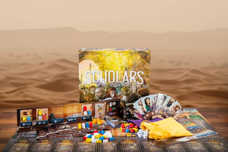 The box of "Scholars of the South Tigris" by Renegade Game Studios is surrounded by game components like cards, dice, tokens, and colorful meeples. A desert scene forms the backdrop, inviting players into an adventurous exploration.