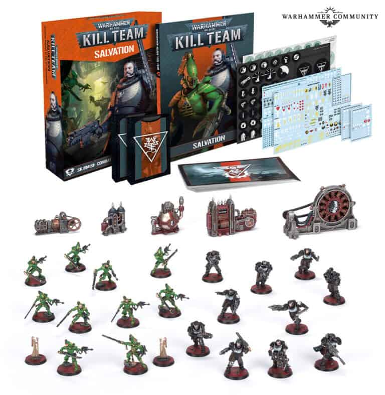 Experience the Warhammer Kill Team: Salvation set, available for pre-orders from Games Workshop. This release features rulebooks, game tokens, cards, and intricately detailed miniature figures of soldiers and equipment.
