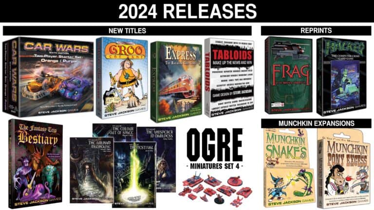 The 2024 lineup from Steve Jackson Games showcases exciting new releases like Car Wars and Groo, alongside Collector's Editions of beloved classics such as GURPS and Frag. With fresh Munchkin expansions and Ogre Miniatures Set 4, the image captures vibrant game covers and components sure to entice any fan.