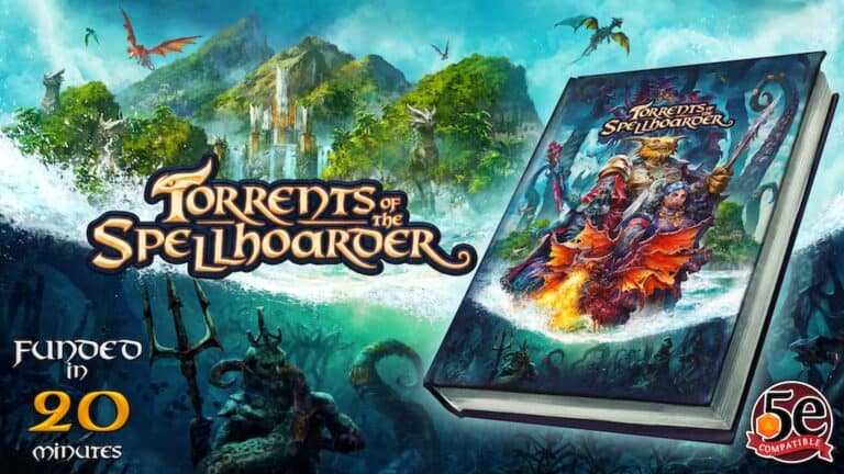Discover the "Torrents of the Spellhoarder," an enchanting fantasy image capturing a wizard amidst mystical creatures. The book cover unveils a D&D Adventure Module with mountains, forests, and Elderbrain-inhabited landscapes, celebrating its crowdfunding success.