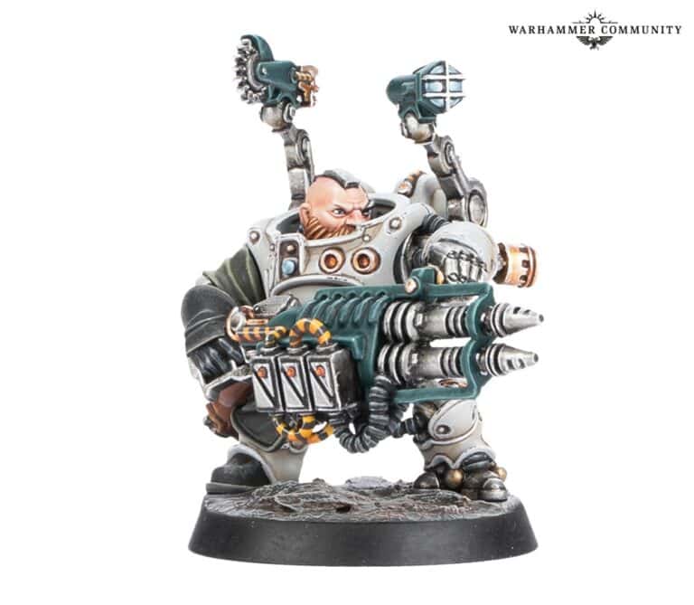 This miniature of a futuristic soldier, resembling an Ironhead Squat Prospector, features a mechanical arm with claw-like extensions and intricate armor. The base has a rocky texture, and the character’s intense expression suggests he’s ready for battle, making it a must-have for any Games Workshop enthusiast.