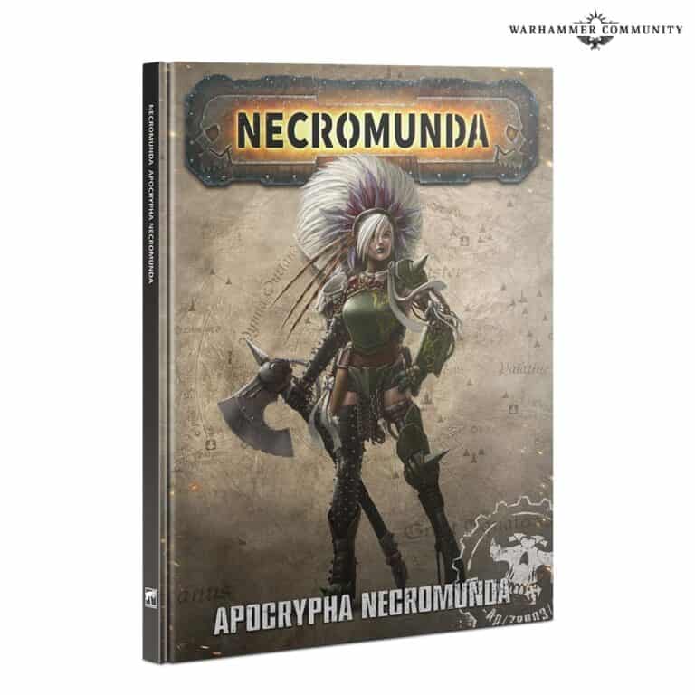 The cover of "Apocrypha Necromunda" from Black Library showcases a futuristic warrior with a feathered headpiece and armor, wielding an axe. The muted, industrial background complements the "Necromunda" text at the top and logo at the bottom.