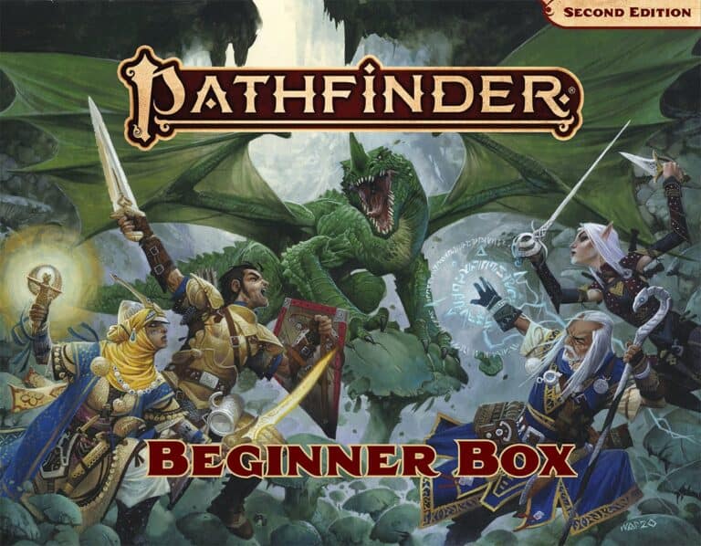 Illustration of four fantasy characters in battle against a green dragon, highlighting "Pathfinder Beginner Box" by Paizo. The scene features a sword-wielding warrior, spell-casting mage, archer, and armored cleric amid a dramatic adventure inspired by Pathfinder Second Edition.
