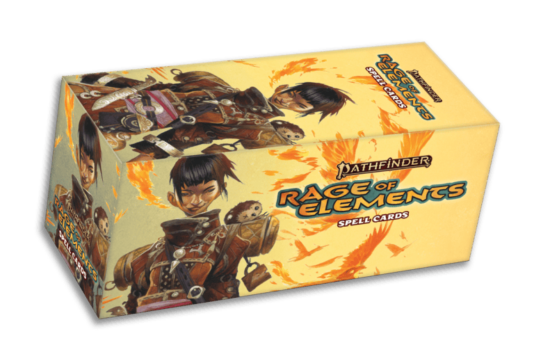 Box of "Pathfinder: Rage of Elements" spell cards by Paizo featuring an illustrated character in fantasy armor, wielding a weapon. The fiery background sets the stage with the game's title prominently displayed.
