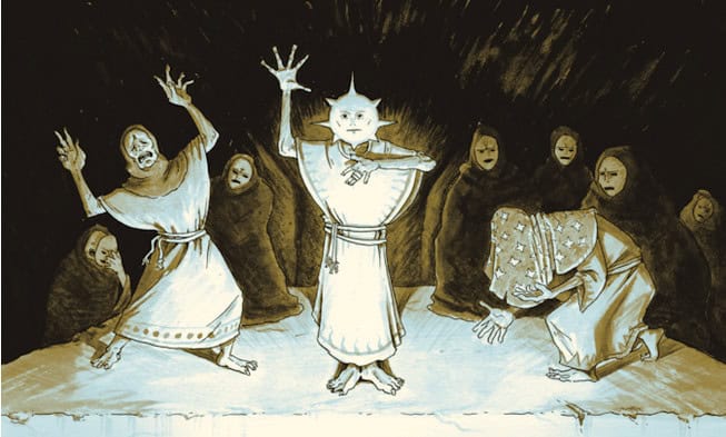 A group of robed, masked figures stand on a dimly lit stage. The central figure raises one arm, illuminated against the dark background, echoing the mystique of Ave Nox. Others appear in expressive poses, creating an enigmatic and theatrical scene akin to an ancient megadungeon quest.