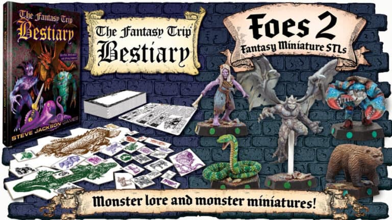 A fantasy-themed game display showcases "The Fantasy Trip Bestiary" alongside 3D miniatures of mythical creatures such as a snake, vampire, and winged beast. A set of game cards lays against a textured background, inviting RPG adventures. Text reads: "Monster lore and miniature wonders!