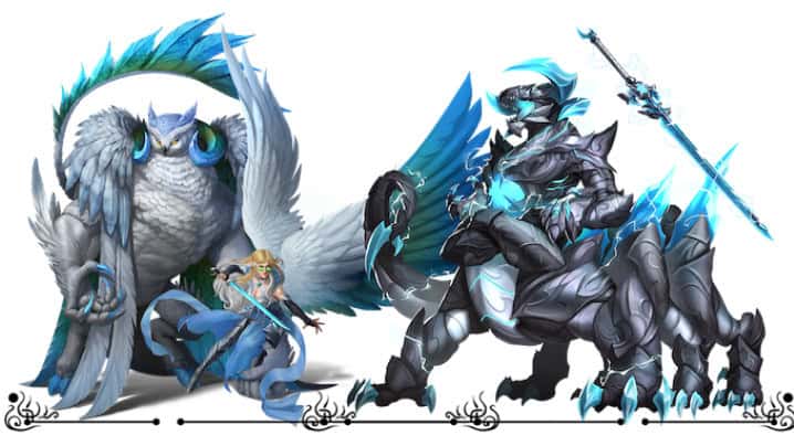 A fantasy scene unfolds with a large, owl-like creature featuring Retia's signature blue feathers on the left. On the right, an armored warrior with wings brandishes a glowing sword. Both are adorned in vivid blue accents, standing on ornate ground reminiscent of a D&D 5th Edition campaign setting.