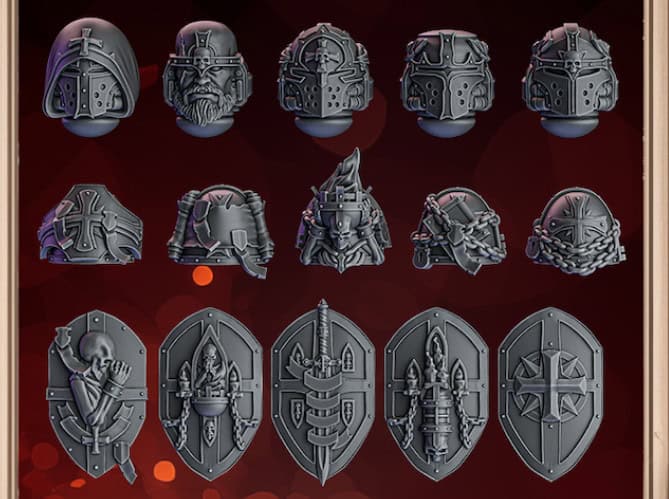 A collection of 3D printable miniature medieval helmets, helmets with facial features, and shields with intricate designs displayed on a dark red background.