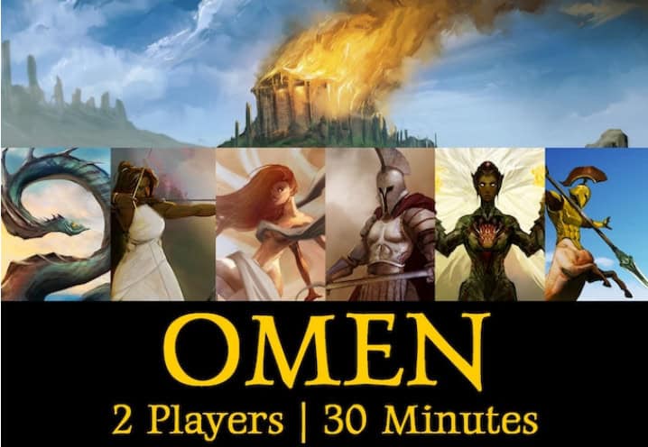 The cover of "OMEN," a Kickstarter success, boasts a burning fortress under the title and showcases an epic ensemble: dragon, warrior woman, red-haired archer, armored knight, plant creature, and dual-wielding man. Text reads "2 Players | 30 Minutes," capturing the allure of this mythic game.