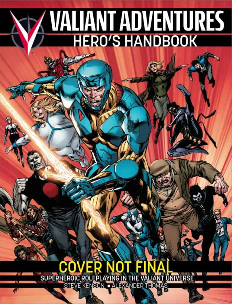 Comic book cover featuring a diverse group of superheroes in dynamic poses, set against an orange background. The title reads "Valiant Adventures Hero's Handbook." Celebrate the Kickstarter Launch of the Valiant Adventures RPG. "Cover Not Final" is prominently displayed at the bottom.