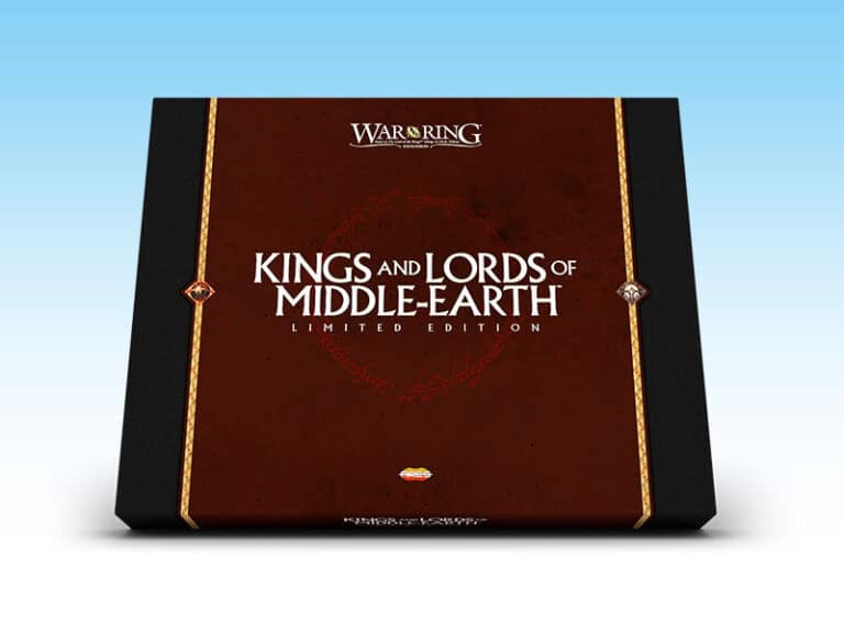 A box with a dark red and black design features the text "War of the Ring" and "Kings and Lords of Middle-earth Limited Edition Expansion" against a gradient light blue background, perfect for collectors of Ares Games creations.