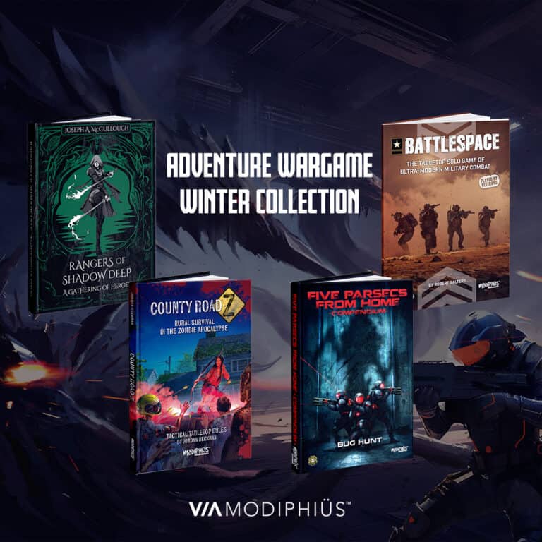 A promotional image showcases the Adventure Wargame Winter Collection by Modiphius, featuring five gripping game covers like "Rangers of Shadow Deep" and "Battlespace." This Solo/Co-Op Adventure is beautifully set against a dark, atmospheric backdrop.