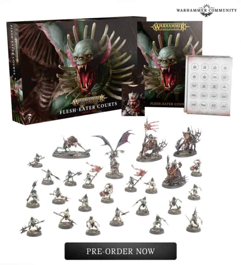 Box set and miniatures of Warhammer's "Flesh-Eater Courts," crafted by Games Workshop, featuring grotesque, monstrous figures. Displayed are detailed models, including a large ghoul with bat-like wings and smaller creatures. A booklet is included. Text reads "Pre-order Now.