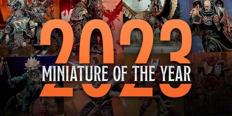 A collage showcasing detailed fantasy miniatures in intricate armor and vibrant colors, encircling the bold orange text "Games Workshop Miniature of the Year 2023," invites enthusiasts to participate in voting for their favorite masterpiece.