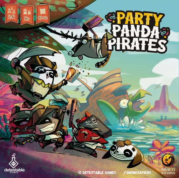 The colorful board game cover for "Party Panda Pirates" showcases cartoon panda pirates in playful antics near a tropical shore. Perfect for Kickstarter fans, this whimsical family game features vibrant characters, palm trees, and a sunken ship to enhance the fun theme.