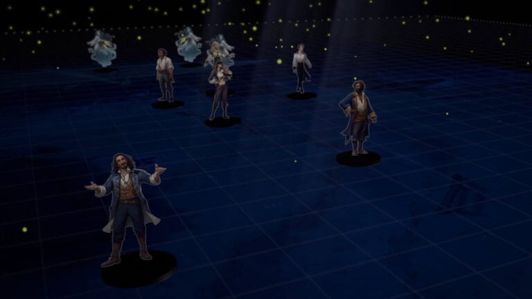 A group of stylized figures stand on a grid-patterned dark blue floor in this Conclave Virtual Tabletop scene, surrounded by soft glowing orbs. The holographic figures appear to float with varying poses and outfits against a starry night sky, creating an enchanting experience akin to exploring new realms on Steam.