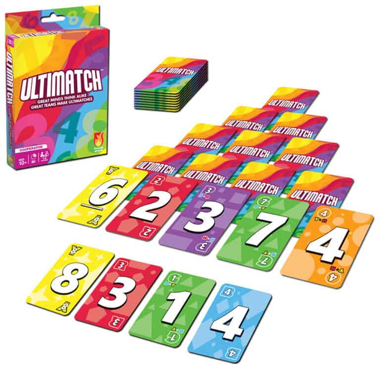 A vibrant cooperative card game, "Ultimatch," from Fireside Games, is displayed. The spread features number and action cards in red, yellow, green, and blue. A box with the game’s logo is visible.