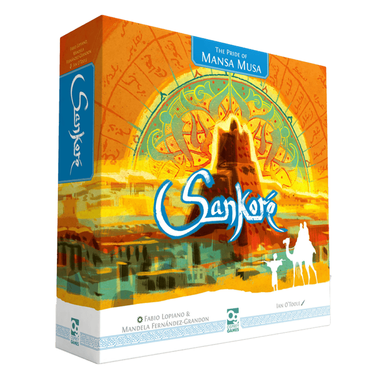 The image reveals the vibrant box of the board game "Sankoré: The Pride of Mansa Musa," showcasing an illustrated camel and a desert cityscape, crowned by an ornate, circular design.