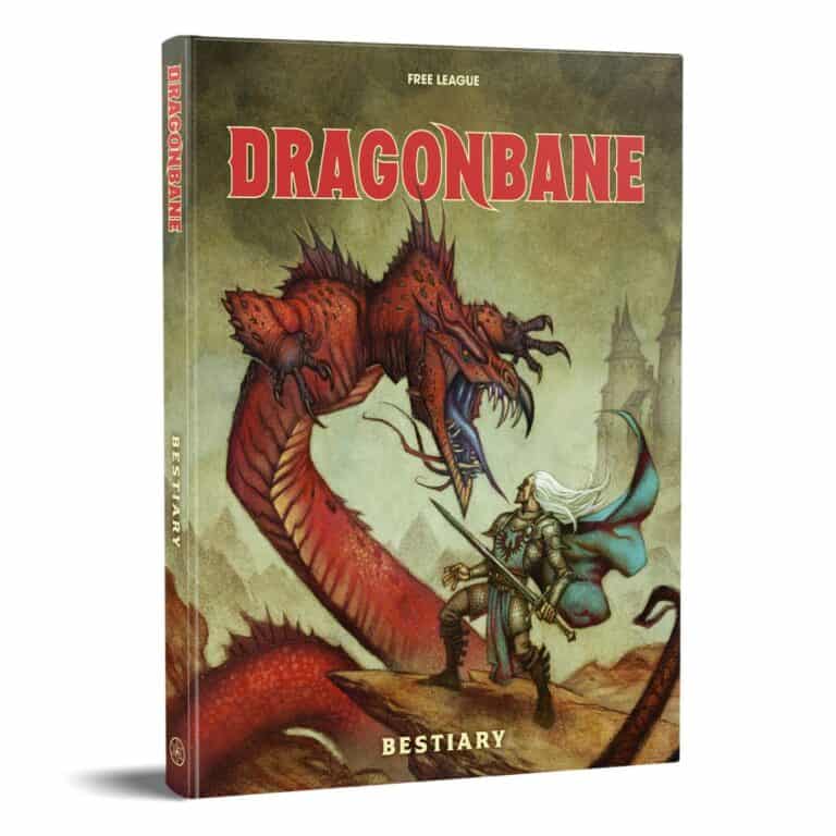Cover of "Dragonbane Bestiary" by Free League Publishing, showcasing a warrior with sword and shield clashing against a massive red dragon. In the backdrop, a castle stands under a mystical green sky. This captivating release exemplifies epic fantasy at its finest.