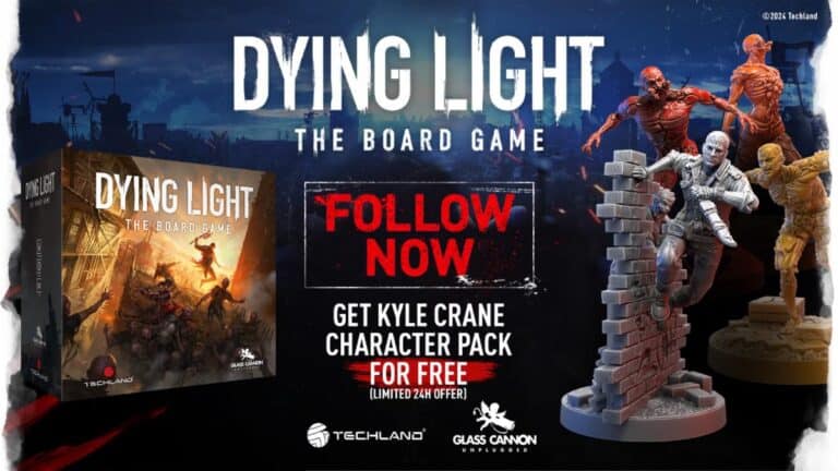 Promotional image for "Dying Light: The Board Game." Showcases the game box featuring artwork of a city engulfed in a zombie apocalypse, complete with miniatures of zombies attacking. Includes text offering a free character pack. Logos of Techland and Glass Cannon Unplugged are prominently displayed.