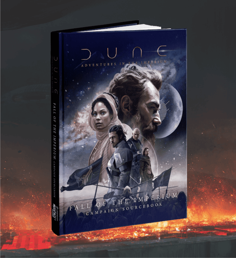 A sci-fi book titled "Dune: Adventures in the Imperium - Fall of the Imperium" features a cover with illustrated characters set against a cosmic backdrop. Published by Modiphius Entertainment, this gripping campaign book includes a planet and fiery landscape below, perfect for any Dune RPG fan.