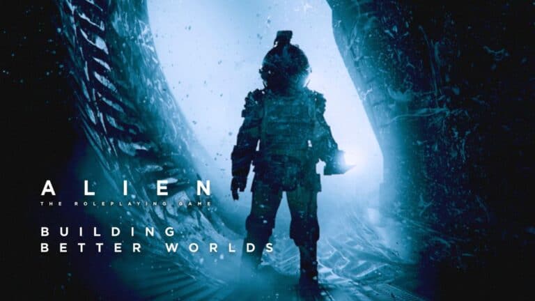 A silhouetted figure in a spacesuit stands in a dimly lit, cavernous space with a glowing blue light. Text reads "Alien: The Roleplaying Game" and "New Horrors in the Cosmos." The atmosphere is mysterious and sci-fi themed.