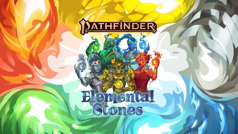 Colorful illustration of five elemental figures representing fire, water, earth, air, and energy, each holding a stone. They are grouped under the "Pathfinder" logo with the text "Elemental Dominance" below. Swirling elemental backgrounds evoke the thrilling essence of a captivating game.