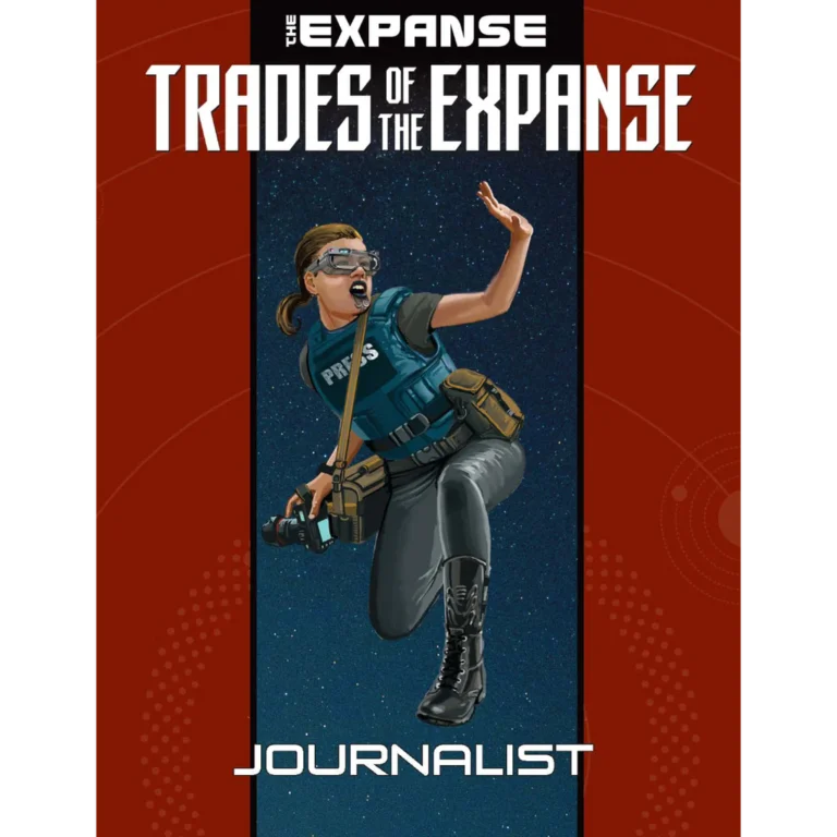 Illustration of a person wearing a blue vest labeled "PRESS," with a camera in hand and an expression of urgency. The title reads "Trades of the Expanse" by Green Ronin Publishing, with "Journalist" below, set against a starry backdrop with a red-themed border.