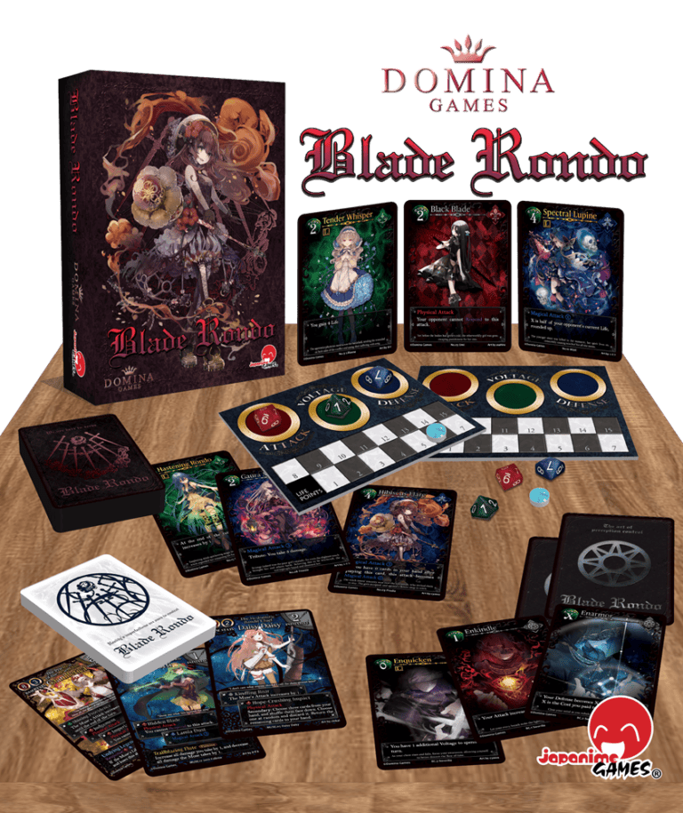 A display of the "Blade Rondo" board game by Domina Games, part of the popular Card Game Series, showing the game box, various playing cards with intricate artwork, a rule booklet, and a game board on a wooden table.