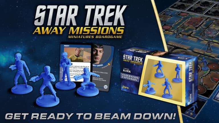 Box cover for "Star Trek: Away Missions" miniatures board game. Features miniature figures of Original Series characters, cards, and game box art, with the tagline "Get Ready to Beam Down!" in bold lettering.
