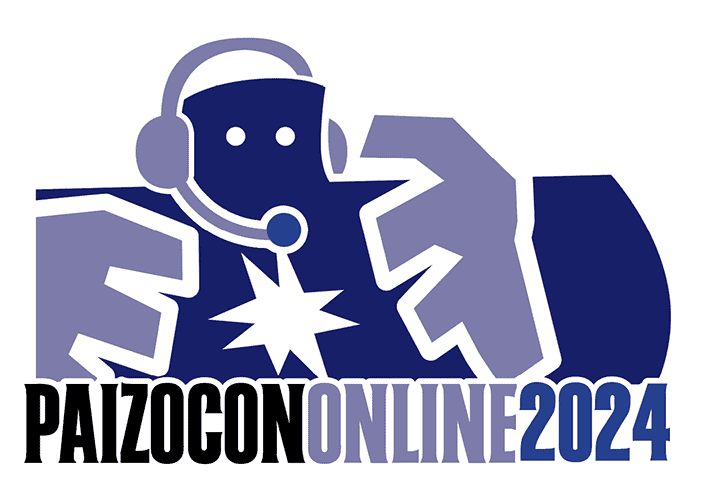Logo for PaizoCon Online 2024 featuring a stylized character with a headset, wearing a suit with a star emblem. The text "PaizoCon Online 2024" highlights Paizo's volunteer opportunities and 2024 releases in bold black and blue lettering at the bottom.