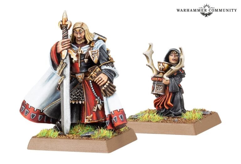 Two miniature fantasy figurines on grassy bases: a Bretonnian Lord in ornate armor holding a large sword, detailed with flowing red and white robes; and a robed figure holding antler-like staffs, wearing a dark hooded cloak. Discover these Lost Treasures at Citadel's Closet.